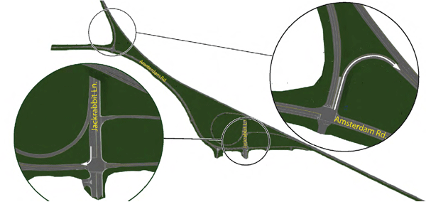 Figure 17: 3-D model plan view of RSA study area with closeups of proposed right-turn at Jackrabbit Lane and proposed on-ramp from Amsterdam Road