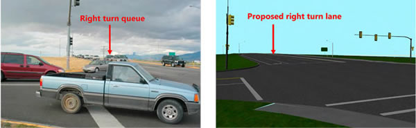 Figure 18: Southbound right turn at the intersection of Jackrabbit Lane /Amsterdam Road – Existing (L) and Modeled (R) Views Significant right-turn traffic volume obstructs view of approaching through vehicles