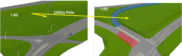 Figure 19: Modeled view of the existing (L) and proposed (R) design at Amsterdam Road and the I-90E on/off-ramp