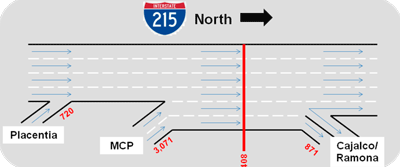 Figure 29: Illustration of proposed lane configurations and key 2040 AM peak hour volumes for NB I-215