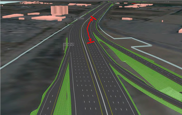 Figure 30: Image from 3-D model showing proximity of northbound I-215 entrance ramps from Placentia Ave and Mid County Pkwy