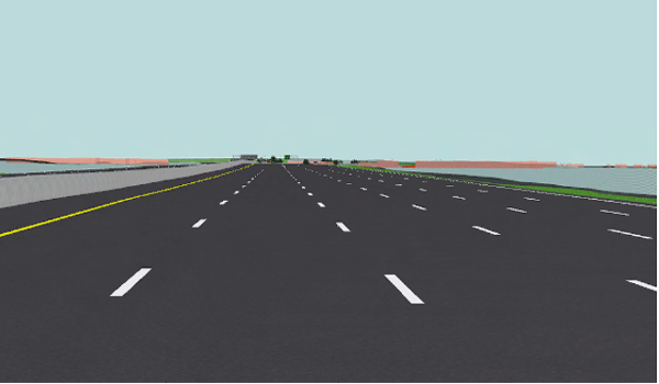 Figure 34: 3-D image showing wide cross section of I-215 and distance from left lanes to the right edge of the roadway