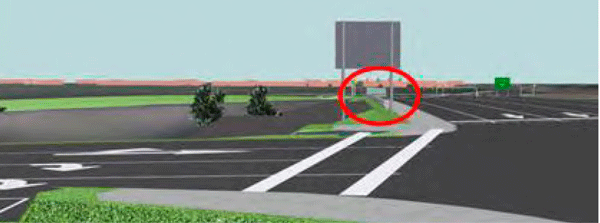 Figure 38: Image from 3-D model showing potential for overpass structure to obstruct sight distance of drivers at SB exit ramp
