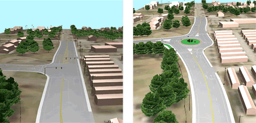 Figure 7: Images from both 3-D models comparing the signalized intersection and roundabout alternatives at Coddington Highway and the proposed connector road (Burma Road South)
