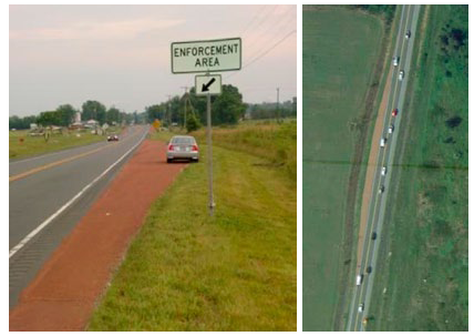 Two photos, one showing a roadside pulloff area up close, the other an aerial photo of the pulloff area.