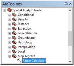 Screenshot: ArcToolbox dialog box, Map Algebra folder expanded Raster Calculator selected