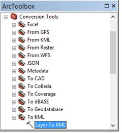 Screenshot: ArcToolbox, folder To KML with Layer to KML selected