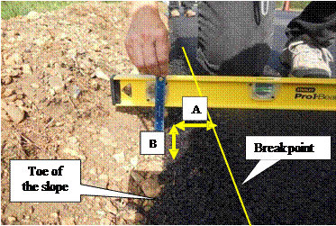 Close-up photo showing measurement of the SafetyEdge slope using a straight edge and a ruler to measure the rise (B) and run (A).