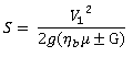 Equation: S = V subscript 1 squared divided by 2g(eta beta mu plus or minus G).