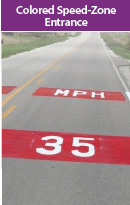 Colored speed zone entrance. A 35 mph speed limit is painted onto the roadway in white characters on a red background. Photo Source: Center for Transportation Research and Education (CTRE)