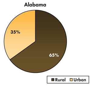 Pie chart - 35 percent of traffic-related fatalities occur on Alabama's urban roadways, 65 percent occur on the rural roads.