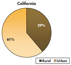 Pie chart - 61 percent of traffic-related fatalities occur on California's urban roadways, 39 percent occur on the rural roads.