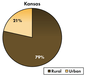 Pie chart - 21 percent of traffic-related fatalities occur on Kansas's urban roadways, 79 percent occur on the rural roads.