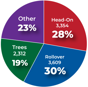 Chart: Rollovers 3,609 (30%), Head-on 3,354 (28%), Trees 2,312 (19%), Other (23%).
