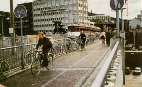 A pedestrian and bicycle bridge near the Freiburg rail station carries thousands of people each day.
