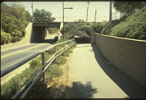 Roadway underpass with adjacent bicycle underpass
