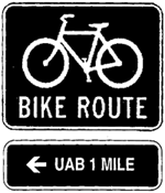 Bike Route sign. UAB Left 1 Mile sign