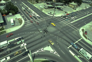 Aerial of large urban intersection