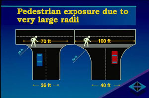 Pedestrian exposure due to very large radii