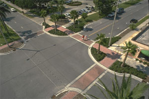 Aerial shot of an intersection with colored crosswalks