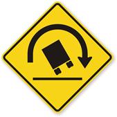 Figure 14. Graphic. Truck rollover warning sign. This graphic shows a diamond-shaped yellow sign with black symbols showing the rear view of a tilted large truck and a semicircular arrow at the top pointing right. The sign conveys a risk of rollover for trucks.