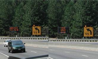 Figure 16. Photo. Dynamic speed signs. This photo is made of two images, each showing a roadway with (1) a dynamic message sign and (2) a static sign with '55,' an arrow curving to the left, and a flashing orange beacon. The first image shows the dynamic message sign saying 'Advise 55 mph.' The second image shows the dynamic message sign saying 'Your Speed Is 60.'