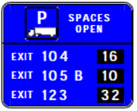 Figure 25. Graphic. Current recommended sign design. This graphic shows a rectangular blue sign. At the top of the sign is a symbol (a black-outlined square with a P and a large truck below it) and the text 'Spaces Open.' Below it are three options with a dynamic message listing the number of available spaces: 'Exit 104 16,' 'Exit 105 B 10,' and 'Exit 123 32.'