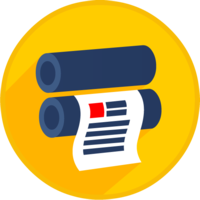 Yellow icon showing printer rollers and a print file coming out. To denote the professional printer files. The icon is also a button to download the print files.