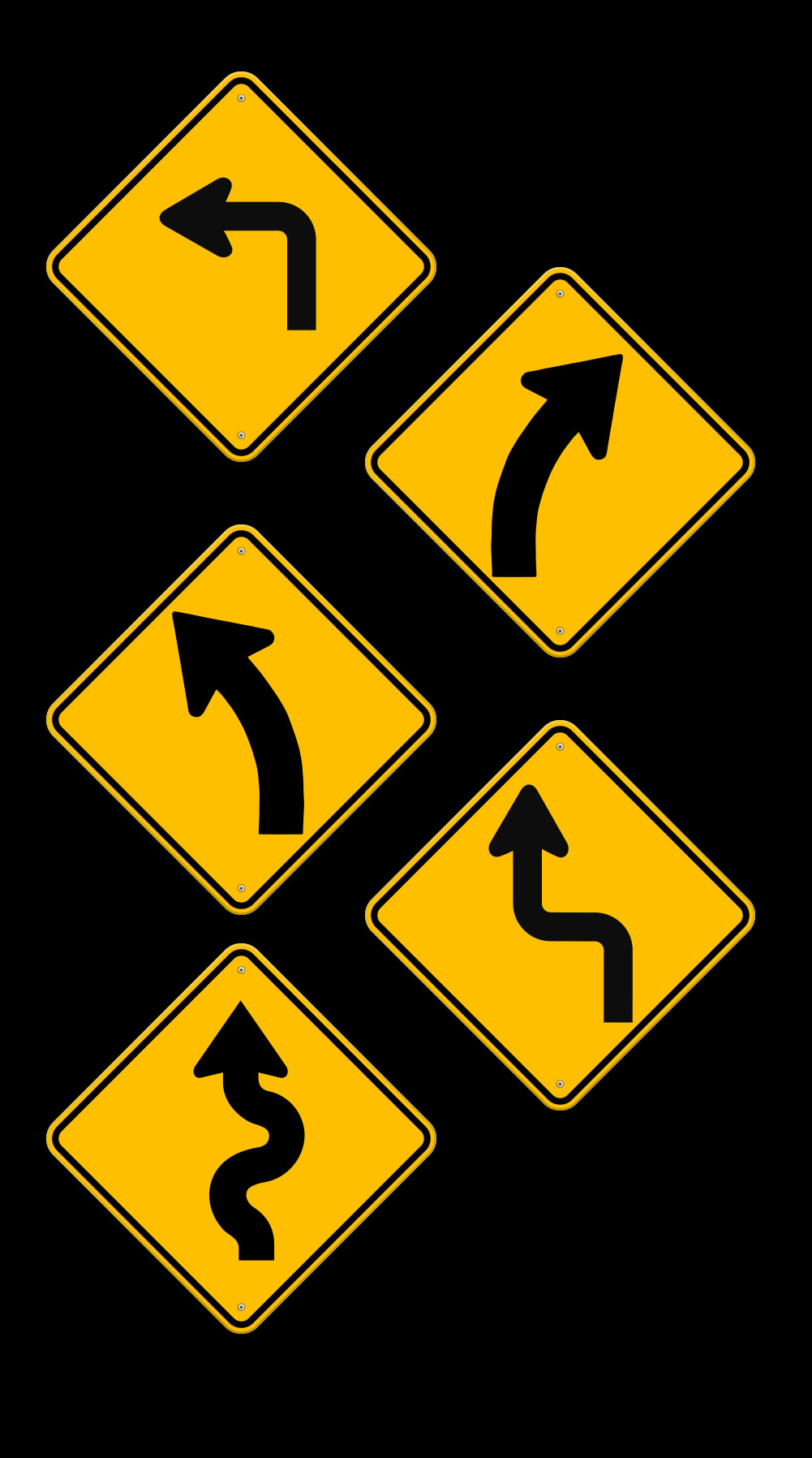 Graphic showing five different yellow horizontal curve warning signs.