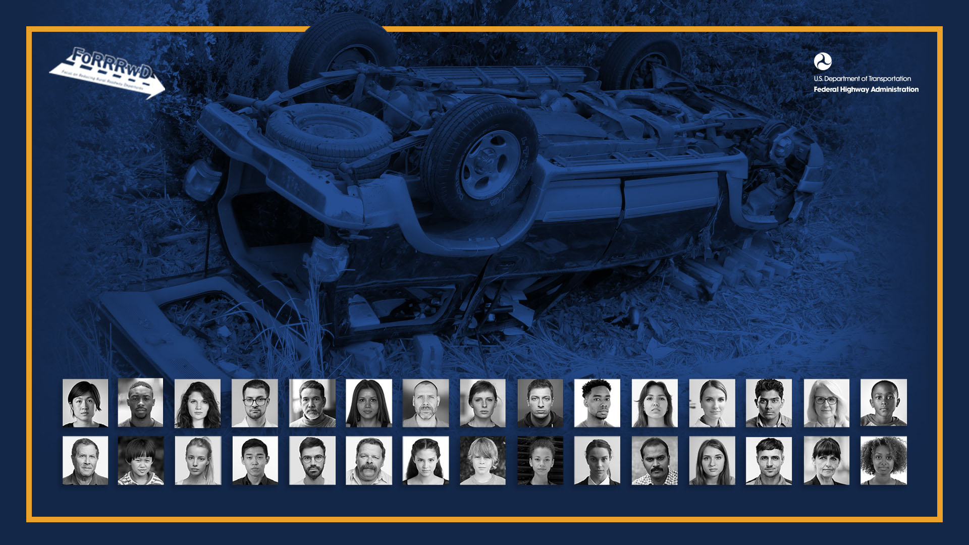 Graphic showing 30 human faces over a blue background of a crashed car rolled over. FoRRRwd and FHWA logos are at the top of the graphic.”