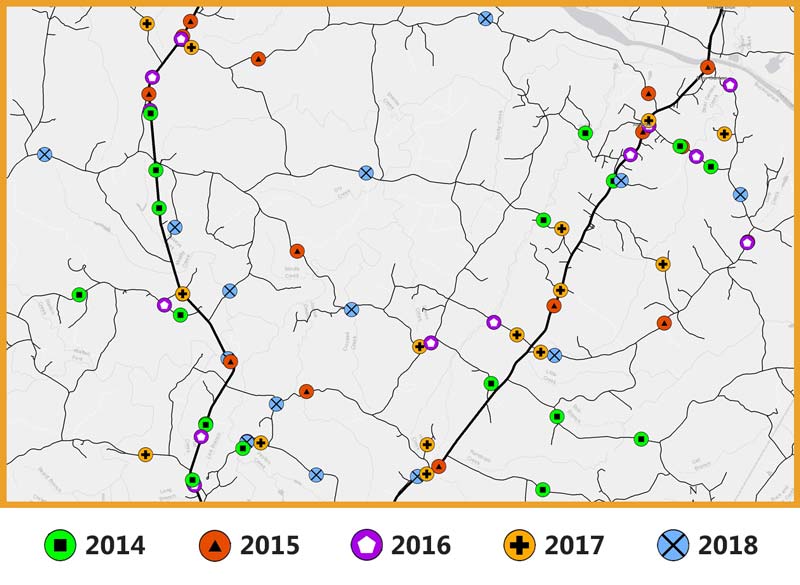 Fictional roadmap showing network of roads and locations of Rural Roadway Departure Crashes for the years 2014 through 2018.