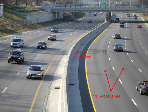 Figure 78.  Inside lane and shoulder widths within the constrained areas were narrowed.