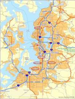 Figure 97.   State Route 99 parallels Interstate 5 through the Seattle metro area.  Segments of the highway have been reconstructed through the cities of Shoreline, SeaTac, Des Moines, Kent, and Federal Way.