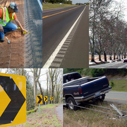 5 images showing countermeasures. Top left, worker measures SafetyEdge. Top middle, pavement markings and rumble strips. Top right, trees line a road. Bottom left, enhanced signing chevron signs. Bottom right, a pickup truck that hit a roadside barrier.