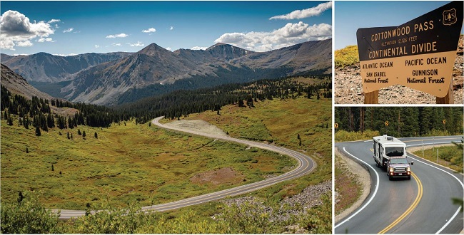 Three images show a roadway through a mountainous valley, a sign for Cottonwood Pass Continental Divide, and a pick up truck hauling an RV trailer through a curve on the road.