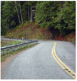 A mountain road that curves both vertically and horizontally.
