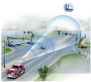 Artist's rendering of a fire truck on the approach to a signal and using a priority control system to shift the signal to green and to halt the potentially fast-moving traffic on the cross street.