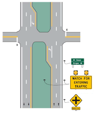 Diagram shows positioning of advanced warning signs on the approach to a cross street.