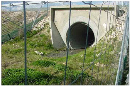 A drainage culvert with an open pipe that is enclosed in wildlife netting..
