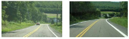 Side-by-side photos of two two-lane roadways with wider edge line markings.