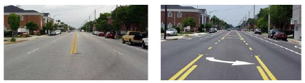A before an after picture of what a four-lane two-way road looked like before it was treated with a road diet, making it a three-lane road with one lane in each direction plus a center continuous two-way left turn lane, including a dedicated bike lane and on-street parking.