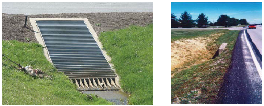 Two photos of culverts perpendicular to a roadway, one with a traversible treatment (grating) the other untreated.