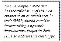 Text Box: As an example, a state that   has identified run-off-the-road crashes as an emphasis area in their SHSP, should consider incorporating a systemic improvement project in their HSIP to address this crash type.  