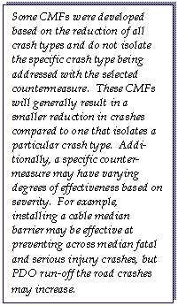 Text Box: Some CMFs were developed based on the reduction of all crash types and do not isolate the specific crash type being addressed with the selected countermeasure.  These CMFs will generally result in a smaller reduction in crashes compared to one that isolates a particular crash type.  Addi¬tionally, a specific counter¬measure may have varying degrees of effectiveness based on severity.  For example, installing a cable median barrier may be effective at preventing across median fatal and serious injury crashes, but PDO run-off the road crashes may increase.
