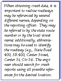 Text Box: When obtaining crash data, it is important to realize roadways may be referenced by several different names, depending on the reporting officer.  They may be referred to by the state route number or by the local street name; additionally, abbrevia-tions may be used to identify the roadway (e.g., State Road 400, SR 400, Center Street, Center St, Ctr St). The engi¬neer should search for crash reports using all possible refer¬ences for the desired location.