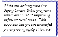 Text Box: RSAs can be integrated into Safety Circuit Rider programs which are aimed at improving safety on rural roads.  This approach has proven successful for improving safety at low cost.