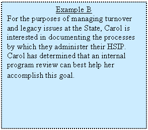 Text Box: Example B  For the purposes of managing turnover and legacy issues at the State, Carol is interested in documenting the processes by which they administer their HSIP. Carol has determined that an internal program review can best help her accomplish this goal.