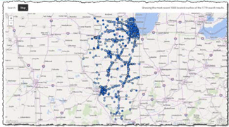 Map. Example crash map from IDOT crash manager. Map showing the Illinois road system. For every crash report submitted to IDOT in the last ten years, the IDOT crash manager shows a dot in that location.
