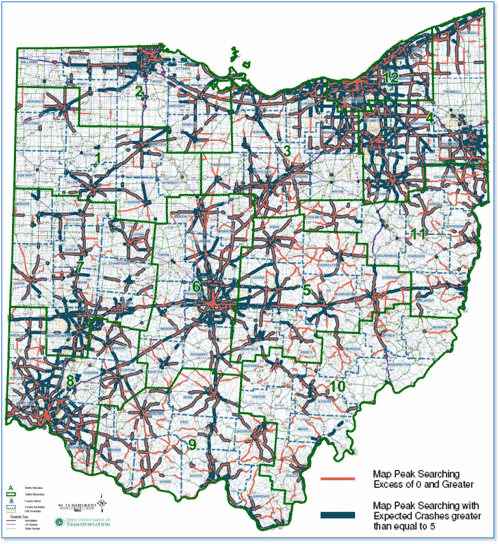 Figure 1: Map - A geographic information system display (GIS) of expected and excess crashes for highway segments.