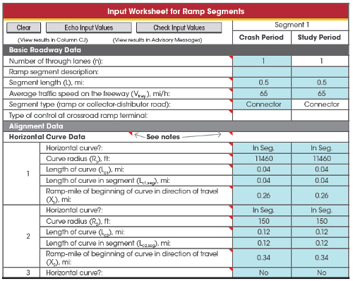 Input Worksheet for Ramp Segments. In this screen capture, the user has entered basic roadway data and alignment data (horizontal curve data) for the segment 1 for the crash period and the study period.